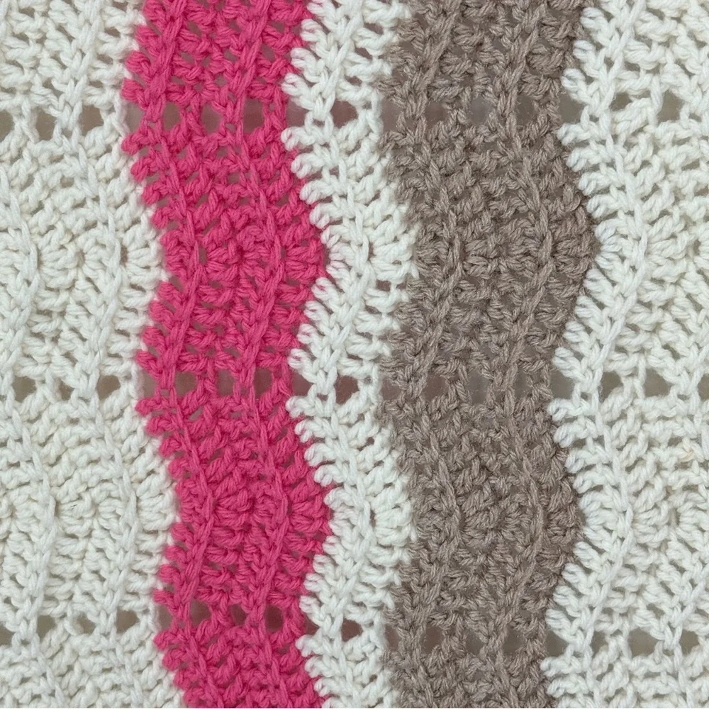 *Beautiful Hand Knit Afghan Throw in Pink Tan and White.